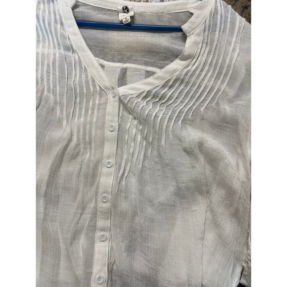 Flawless White Pin Tuck, V-neck, Long Sleeve Top, Women's size M